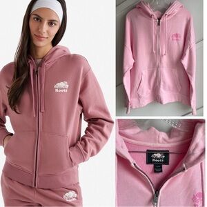 Roots Original Relaxed Cotton Full Zip Hoodie Barbie Pink size L